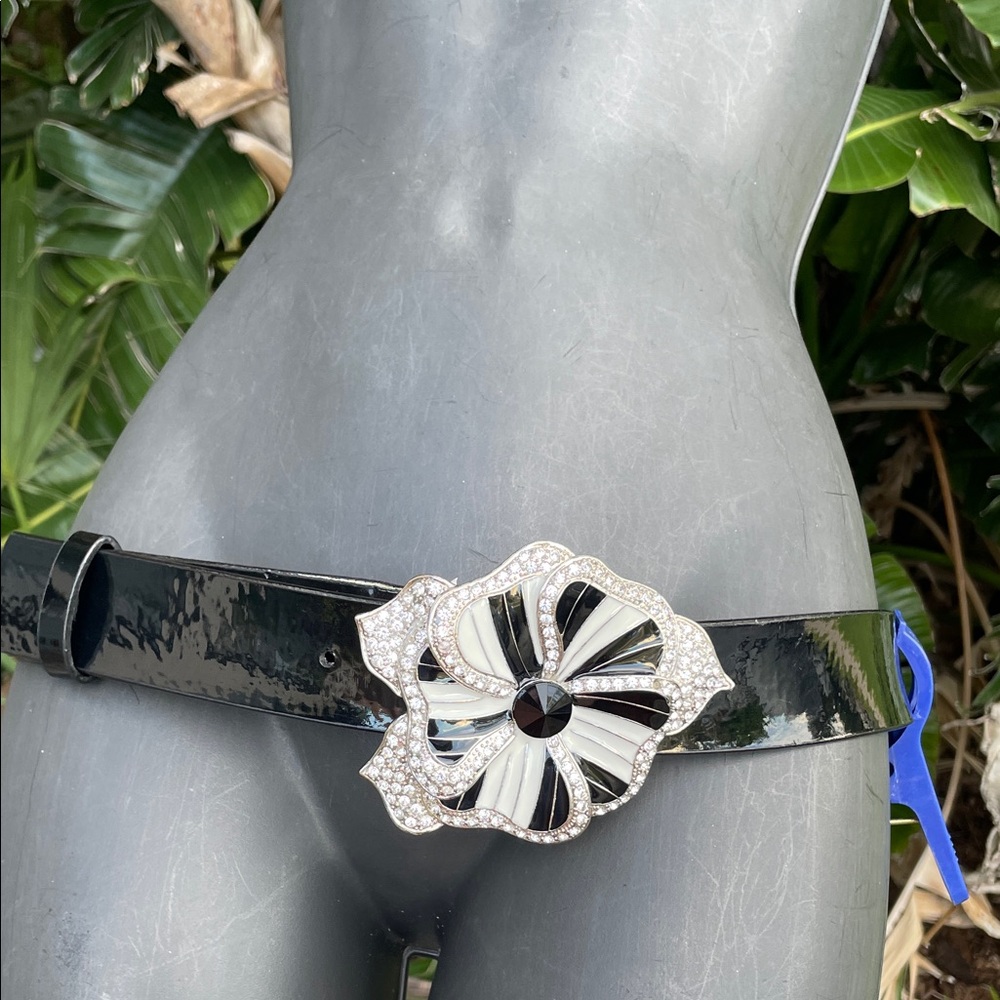 White House, black market, studded, cloisonne floral patent statement belt